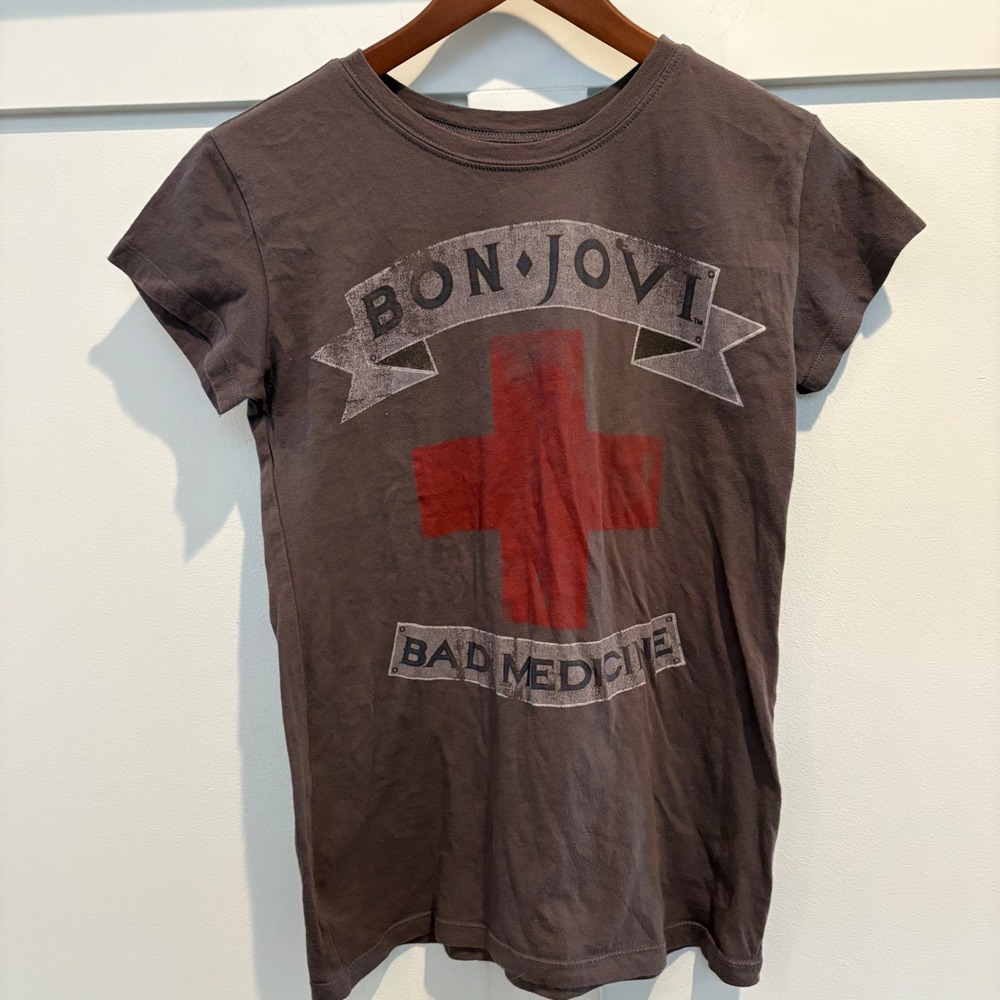 Bon Jovi Bad Medicine‎ Women Fitted Y2K Band Tee Shirt Charcoal Gray Rock Large